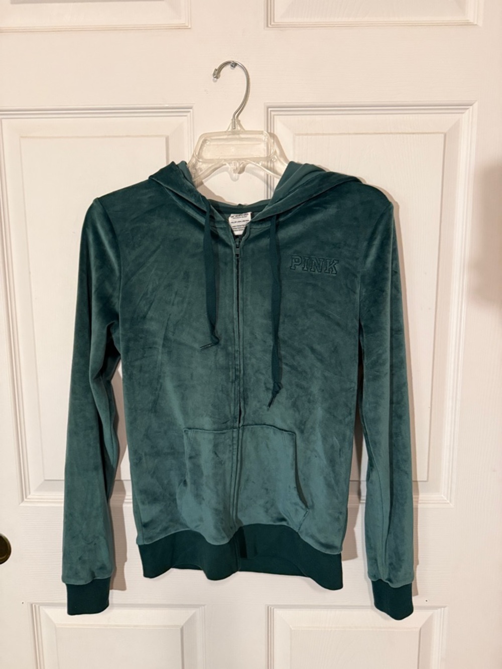 PINK Velvet Zip-Up Hoodie in Teal Green